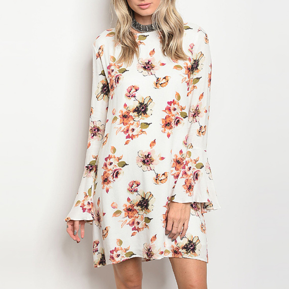 Ivory Crepe Floral Shift Trumpet Sleeve Dress - Picture 1 of 5
